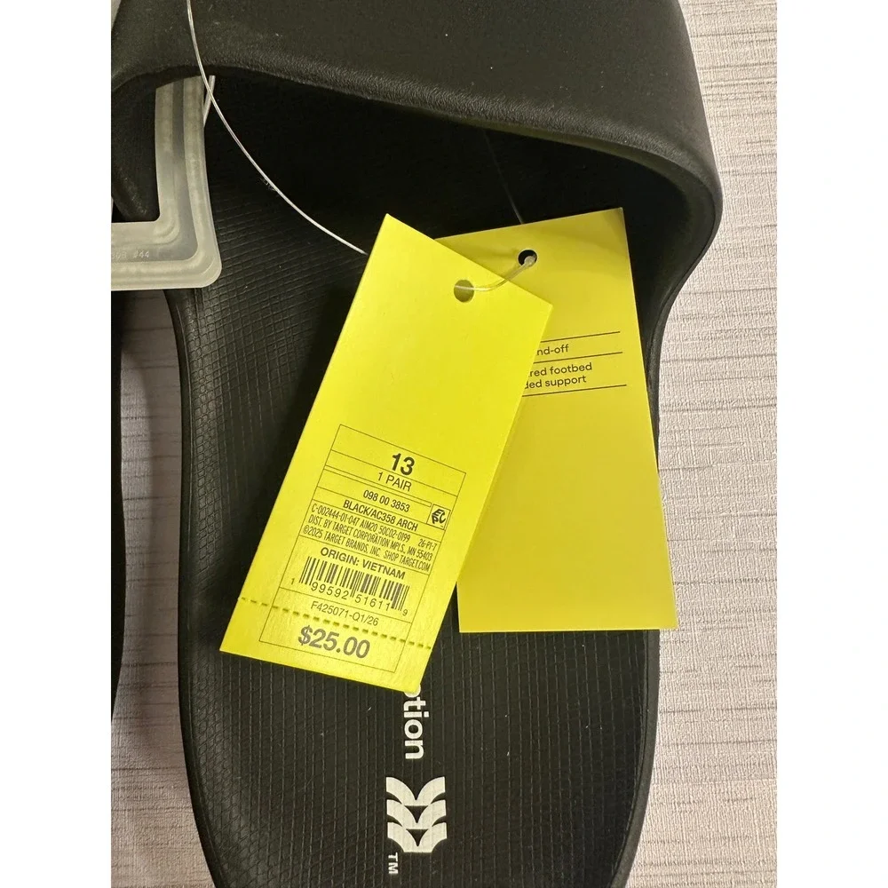 All in Motion Mens Arch Slide Sandals Black Size 13 Athletic Comfort Gym Shoes